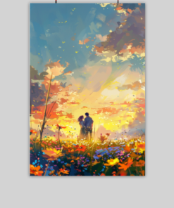 Romantic Sunset: Anime Couple in a Flower Field Poster